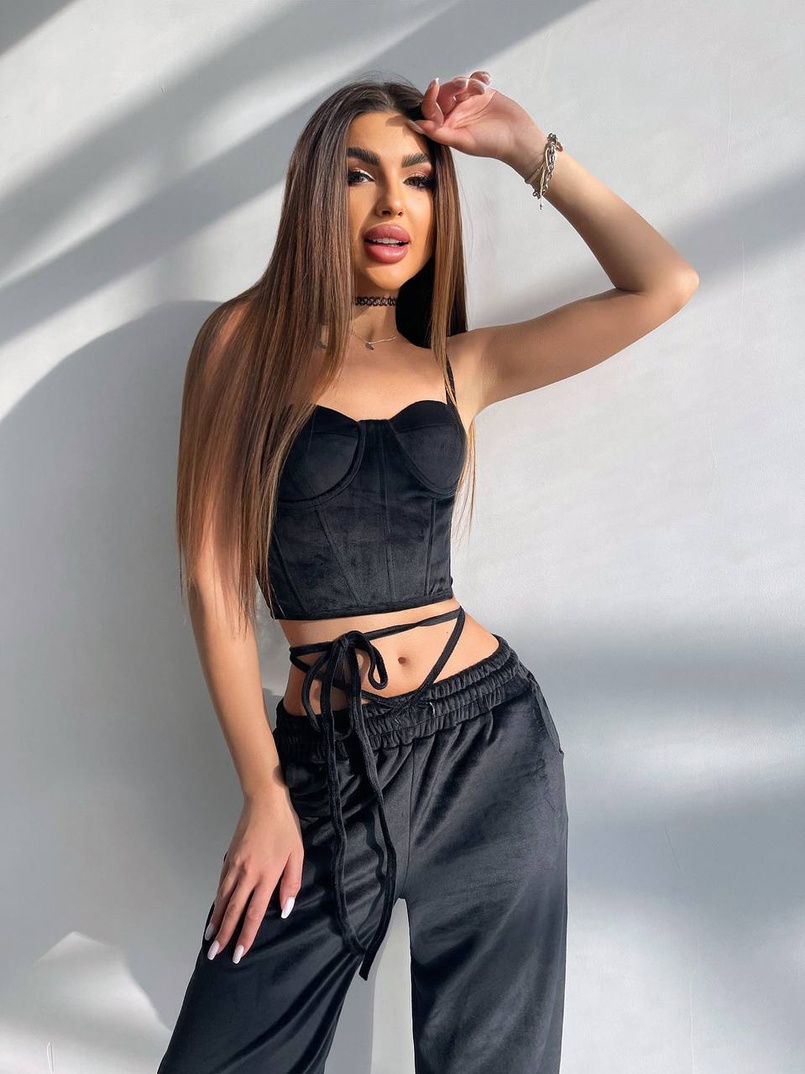 Велюровий комплект трійка: кофта + корсет з чашечками + джогери  | PUSHKA SHOP