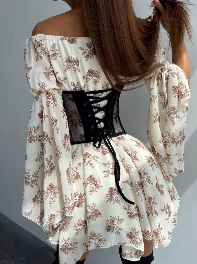 Шифонова сукня на підкладці з розкльошеними рукавами з асиметричною спідницею + корсет декорований стразами  Шифонова сукня на підкладці з розкльошеними рукавами з асиметричною спідницею + корсет декорований стразами  | PUSHKA SHOP