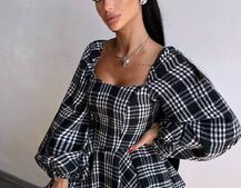 Корсетна сукня з подвійною спідницею та обʼємними рукавами у клітинку  Корсетна сукня з подвійною спідницею та обʼємними рукавами у клітинку  | PUSHKA SHOP