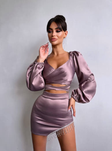 Атласний комплект, декорований бахромою зі страз Атласний комплект, декорований бахромою зі страз | PUSHKA SHOP