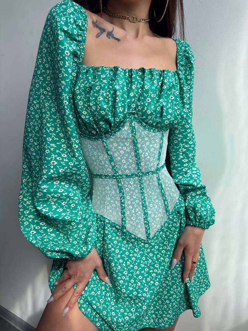 Сукня міні в квітковий принт + прозорий корсет  | PUSHKA SHOP