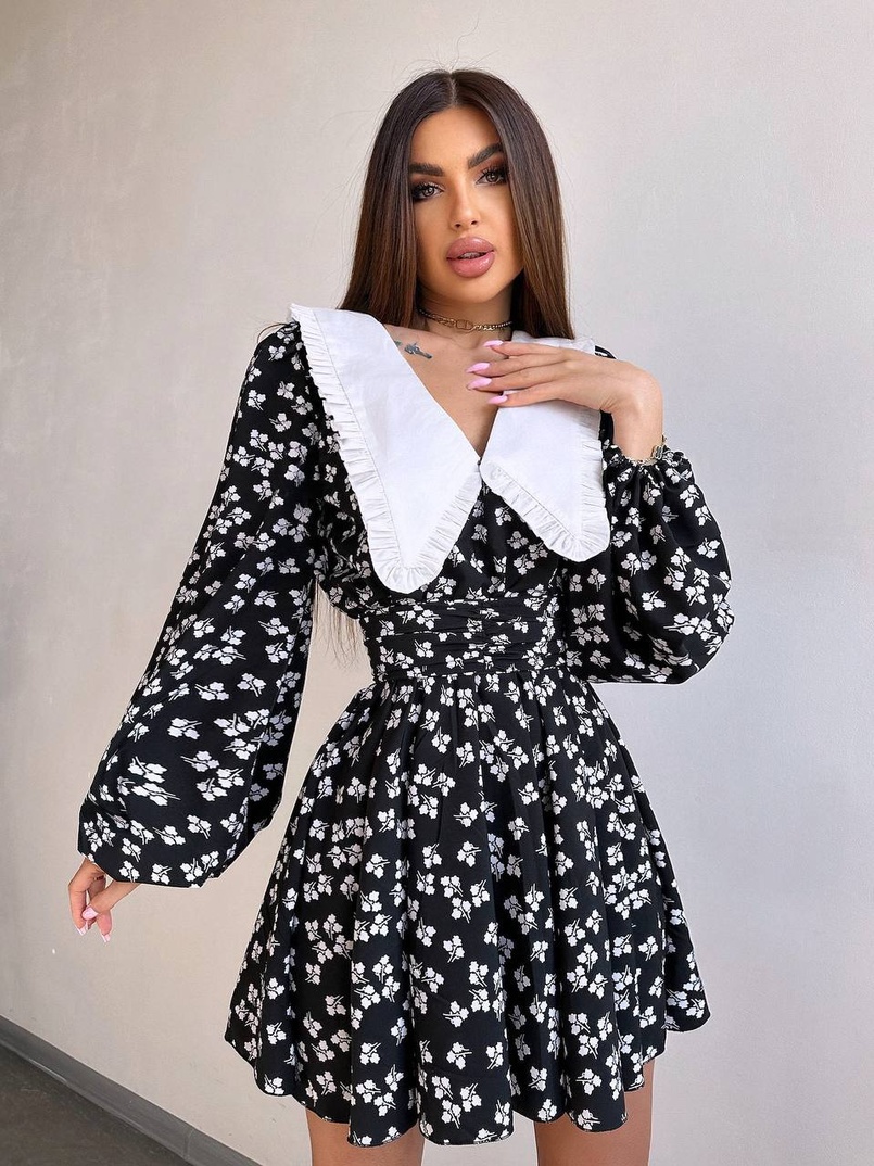 Сукня з коміром та об'ємними рукавами з широким поясом | PUSHKA SHOP