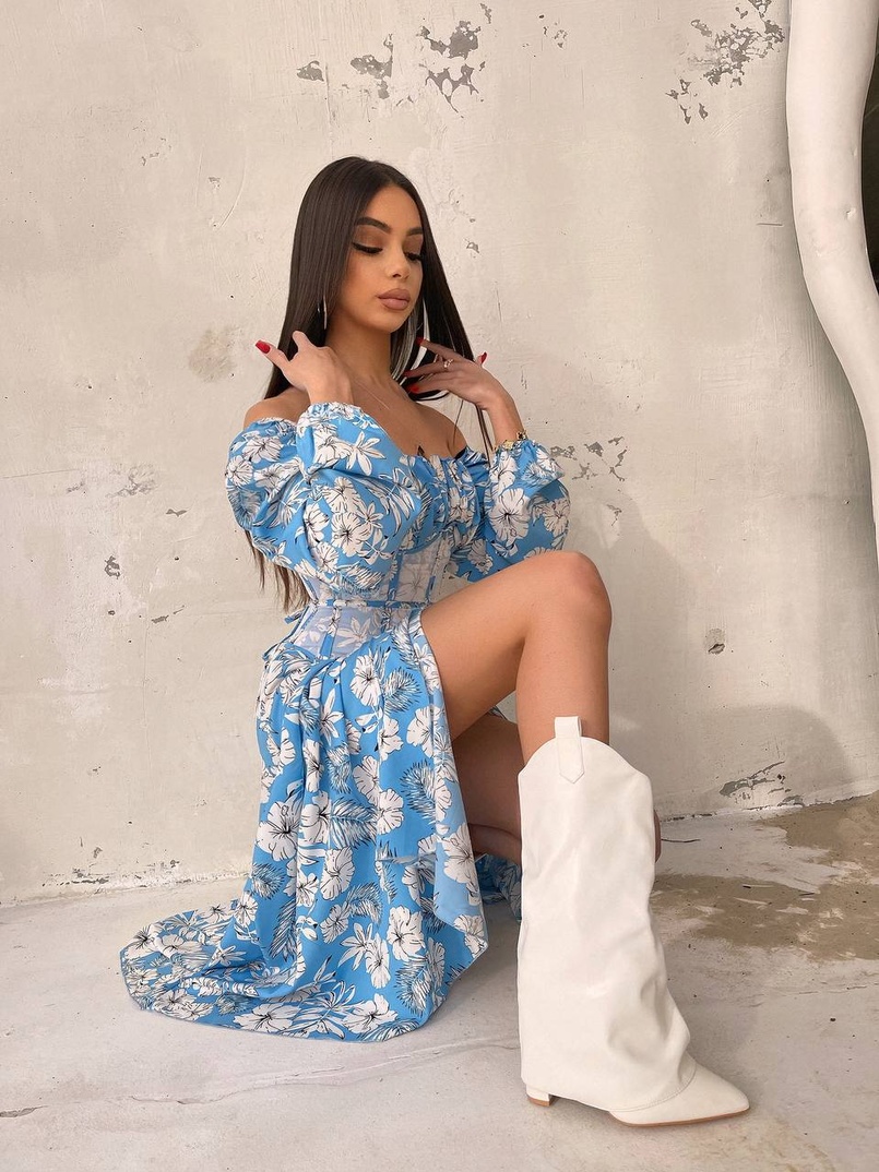 Сукня міді з розрізом в квітковий принт + прозорий корсет  Сукня міді з розрізом в квітковий принт + прозорий корсет  | PUSHKA SHOP