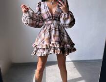 Сукня з подвійною спідницею та обʼємними рукавами у клітинку  Сукня з подвійною спідницею та обʼємними рукавами у клітинку  | PUSHKA SHOP