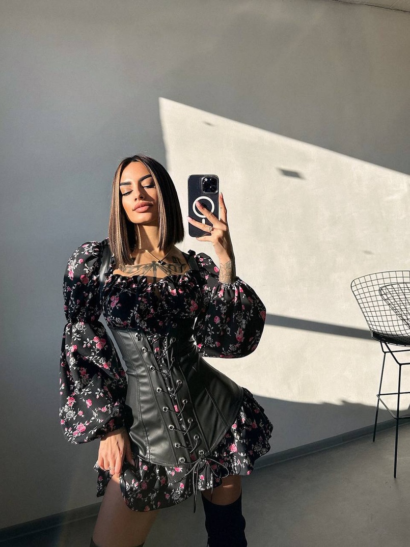 Комплект: сукня з квітковим принтом + корсет з еко-шкіри   | PUSHKA SHOP