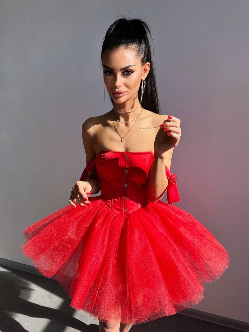 Атласна корсетна сукня міні з гачками та пишною фатиновою спідницею  Атласна корсетна сукня міні з гачками та пишною фатиновою спідницею  | PUSHKA SHOP