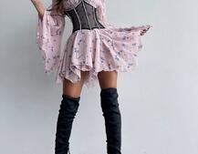 Шифонова сукня на підкладці з розкльошеними рукавами з асиметричною спідницею + корсет декорований стразами  Шифонова сукня на підкладці з розкльошеними рукавами з асиметричною спідницею + корсет декорований стразами  | PUSHKA SHOP