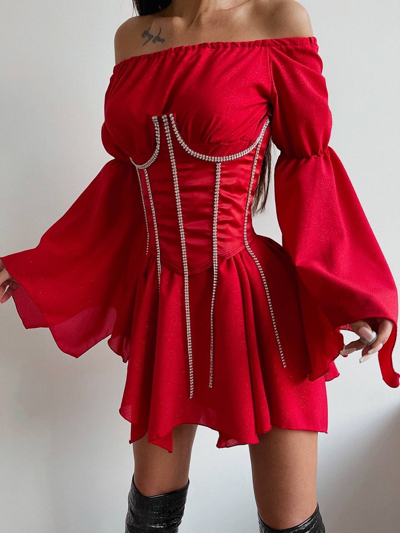 Шифонова сукня на підкладці з розкльошеними рукавами з асиметричною спідницею + корсет декорований стразами Ручна робота! Шифонова сукня на підкладці з розкльошеними рукавами з асиметричною спідницею + корсет декорований стразами Ручна робота! | PUSHKA SHOP