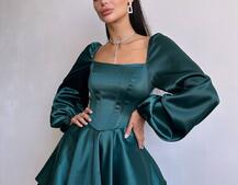 Атласна корсетна сукня з пишною подвійною спідницею та об‘ємними рукавами | PUSHKA SHOP