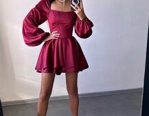 Атласна корсетна сукня з пишною подвійною спідницею та об‘ємними рукавами | PUSHKA SHOP