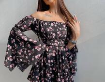 Платье  ассиметричного кроя с расклешенными рукавами + корсет декорированный стразами  Платье  ассиметричного кроя с расклешенными рукавами + корсет декорированный стразами  | PUSHKA SHOP