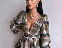 Сукня з подвійною спідницею та обʼємними рукавами у клітинку  Сукня з подвійною спідницею та обʼємними рукавами у клітинку  | PUSHKA SHOP