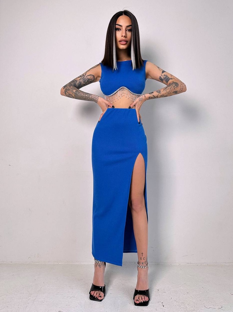 Комплект: топ з бахромою зі страз та спідниця з розрізом  | PUSHKA SHOP