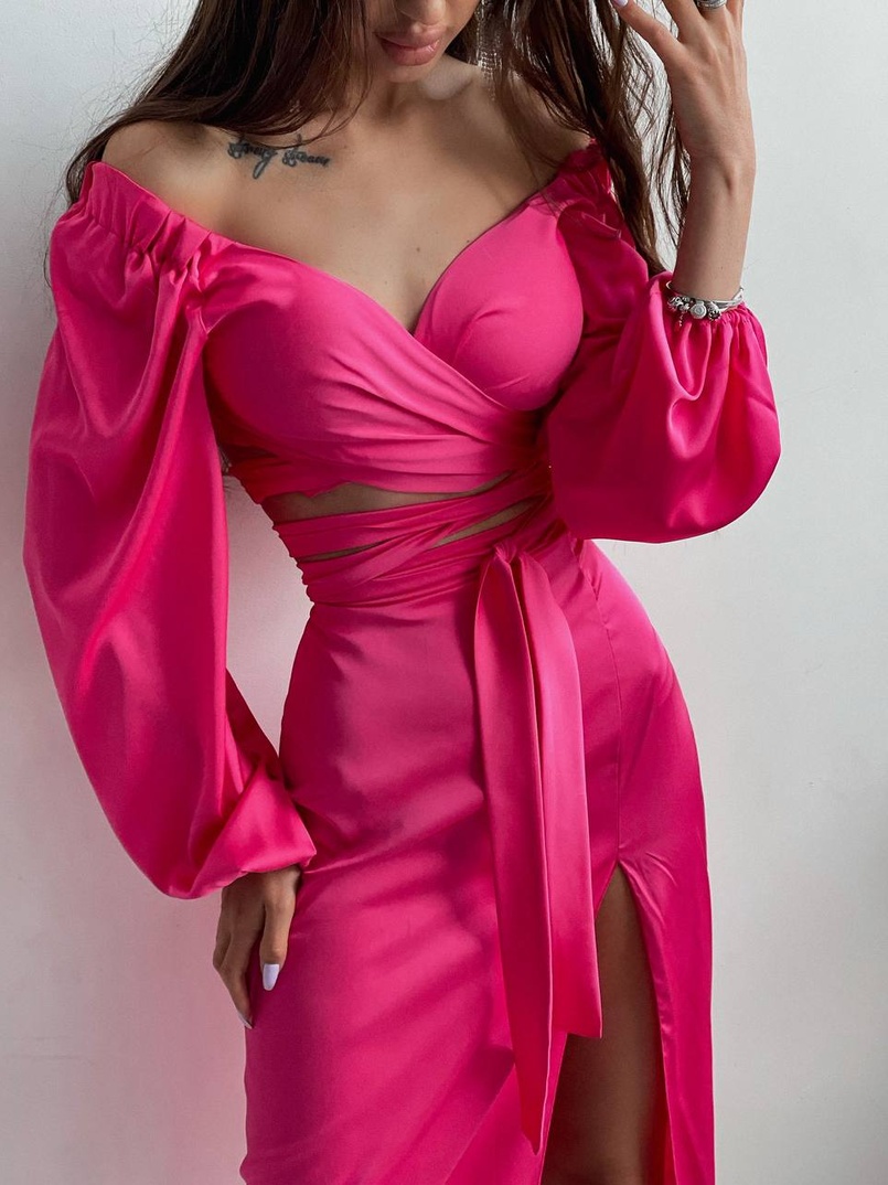 Шелковый комплект: топ с завязками на талии + юбка миди с разрезом  | PUSHKA SHOP