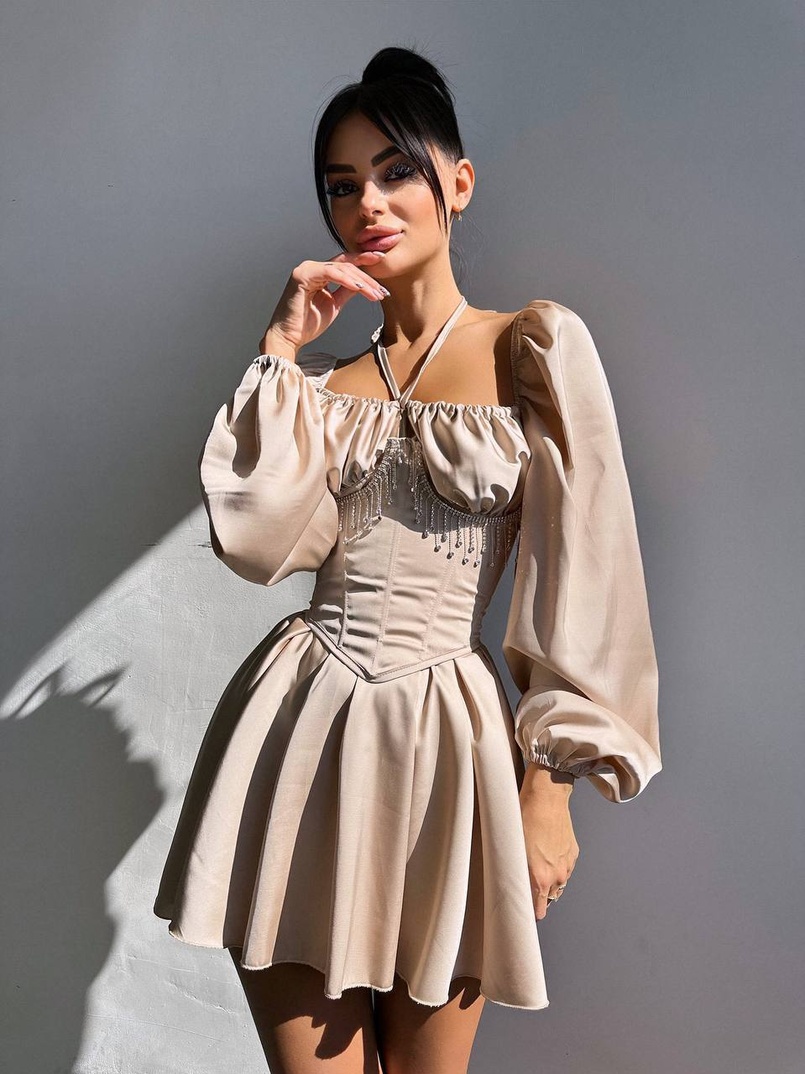 Сукня з корсетом, декорованим бахромою зі страз Ручна робота  Сукня з корсетом, декорованим бахромою зі страз Ручна робота  | PUSHKA SHOP