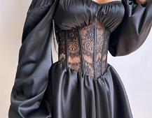 Атласна сукня з обʼємними рукавами та мереживом Атласна сукня з обʼємними рукавами та мереживом | PUSHKA SHOP