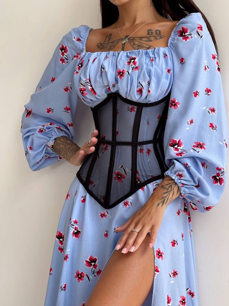 Сукня міді з розрізом в квітковий принт + прозорий корсет  Сукня міді з розрізом в квітковий принт + прозорий корсет  | PUSHKA SHOP