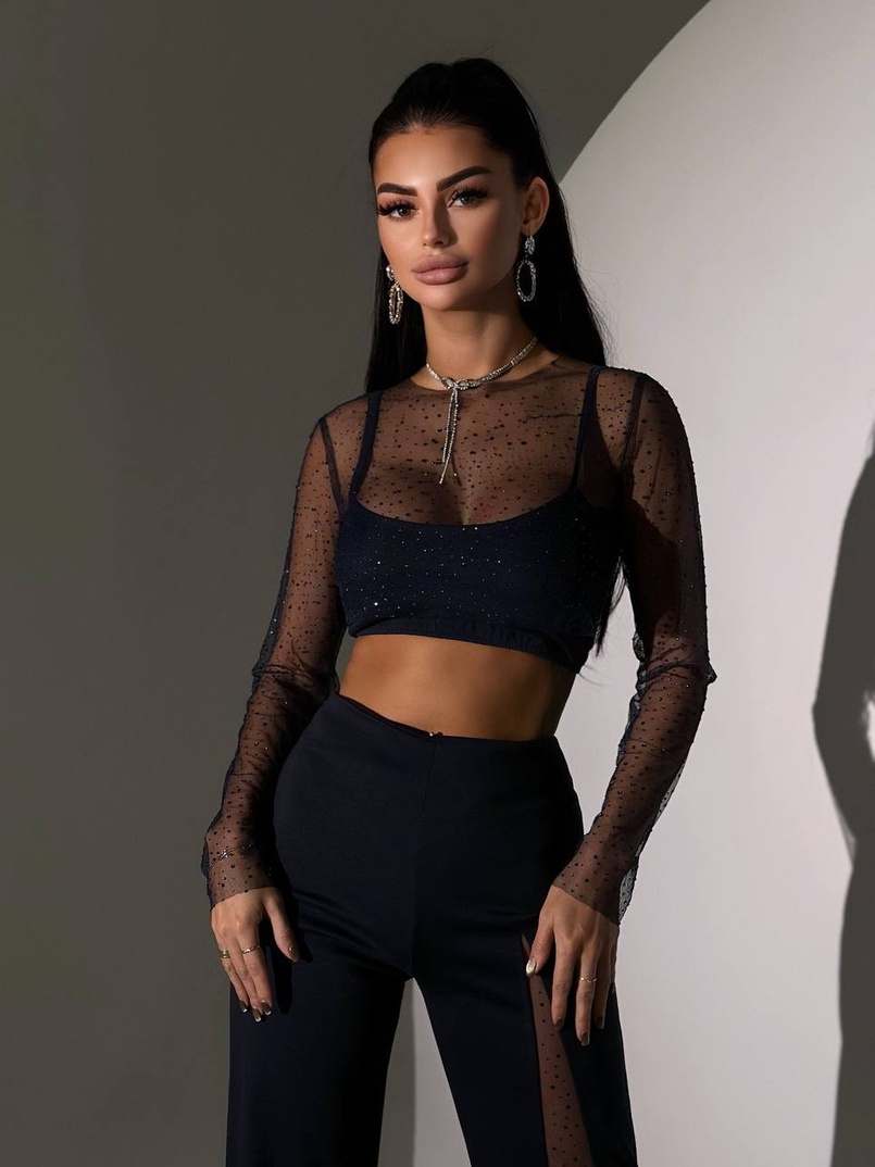 Комплект: топ + штани із сіткою зі стразами  Комплект: топ + штани із сіткою зі стразами  | PUSHKA SHOP