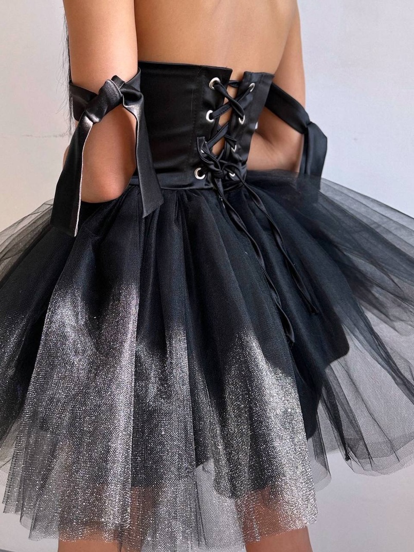 Атласна корсетна сукня міні з гачками та пишною фатиновою спідницею  | PUSHKA SHOP