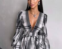 Сукня з подвійною спідницею та обʼємними рукавами у клітинку  Сукня з подвійною спідницею та обʼємними рукавами у клітинку  | PUSHKA SHOP