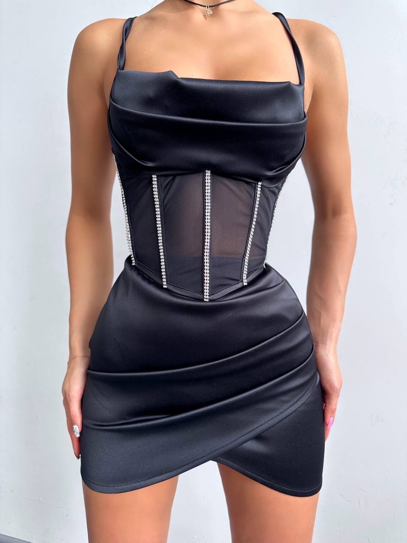 Комплект: корсет, декорований стразами + спідниця міні з драпіруванням   Комплект: корсет, декорований стразами + спідниця міні з драпіруванням   | PUSHKA SHOP