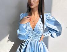 Атласна сукня з пишною подвійною спідницею та об‘ємними рукавами | PUSHKA SHOP