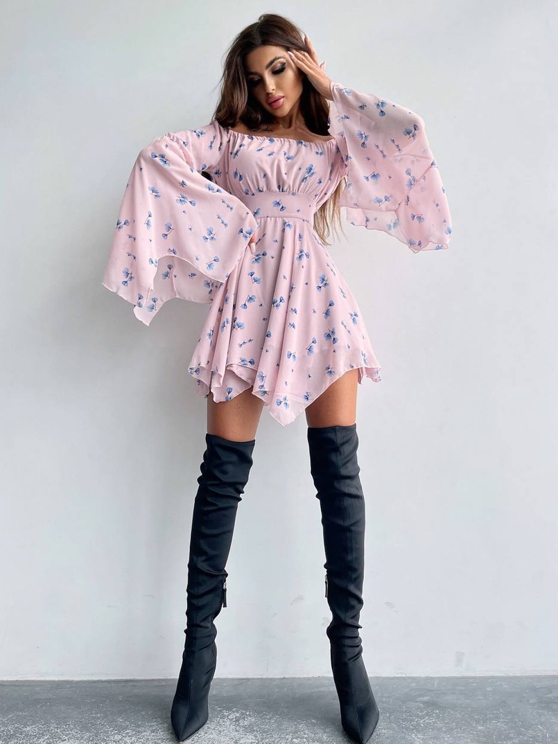 Шифонова сукня на підкладці з розкльошеними рукавами з асиметричною спідницею + корсет декорований стразами  Шифонова сукня на підкладці з розкльошеними рукавами з асиметричною спідницею + корсет декорований стразами  | PUSHKA SHOP