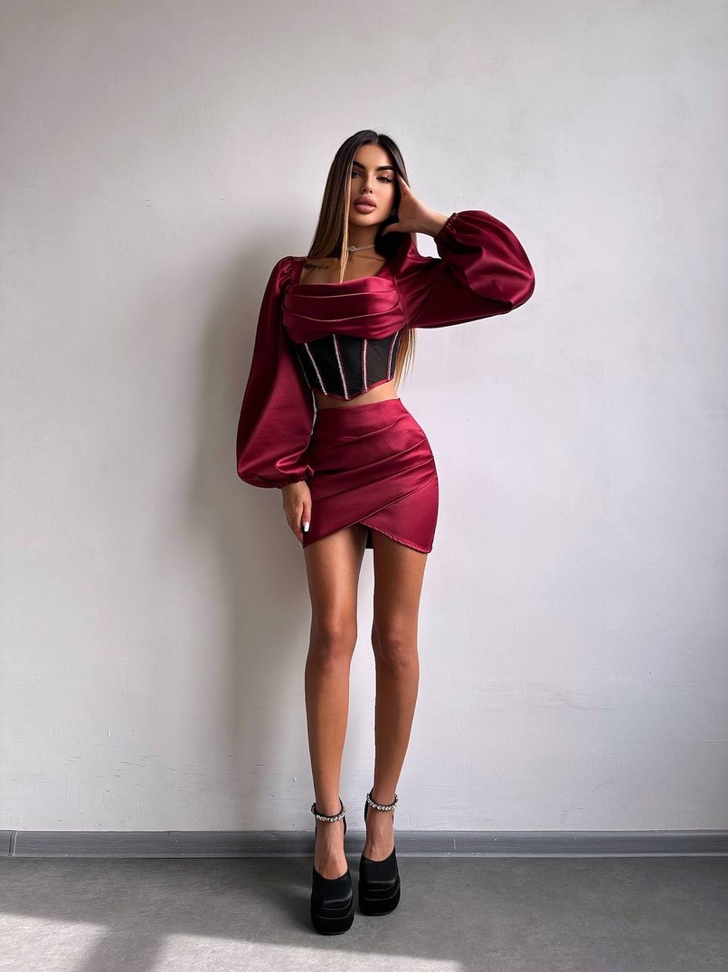 Комплект: корсет, декорований стразами   + спідниця міні з драпіруванням  Комплект: корсет, декорований стразами   + спідниця міні з драпіруванням  | PUSHKA SHOP