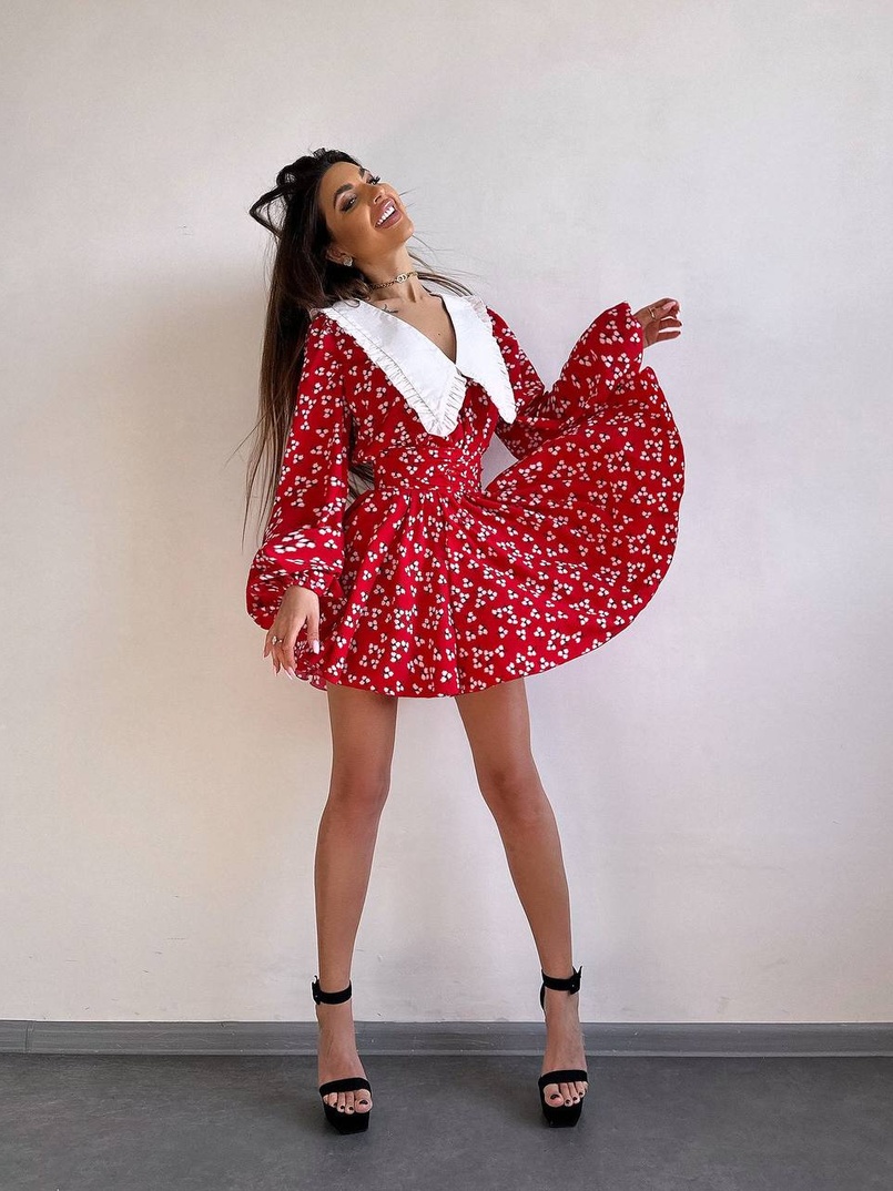 Сукня з коміром та об'ємними рукавами з широким поясом | PUSHKA SHOP