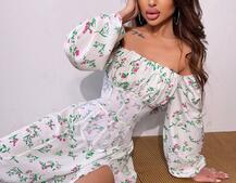 Сукня міді з розрізом в квітковий принт + прозорий корсет  | PUSHKA SHOP