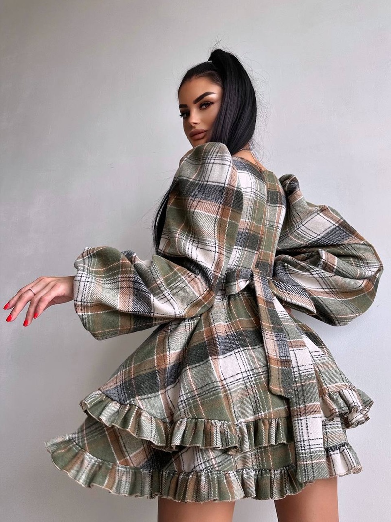 Сукня з подвійною спідницею та обʼємними рукавами у клітинку  Сукня з подвійною спідницею та обʼємними рукавами у клітинку  | PUSHKA SHOP