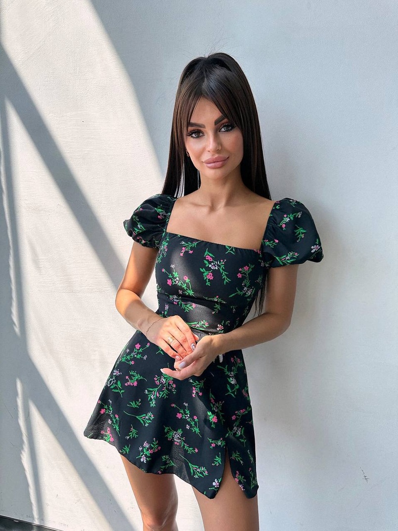 Сукня- міні у квітковий принт зі шнурівкою на спинці  Сукня- міні у квітковий принт зі шнурівкою на спинці  | PUSHKA SHOP