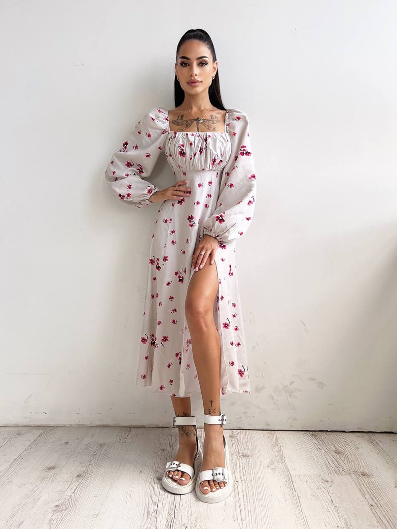 Сукня міді з розрізом в квітковий принт + прозорий корсет  | PUSHKA SHOP