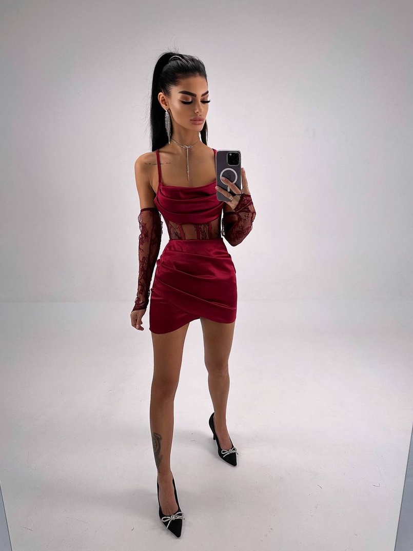 Комплект: корсет, декорований мереживом   + рукавички+ спідниця міні з драпіруванням   Комплект: корсет, декорований мереживом   + рукавички+ спідниця міні з драпіруванням   | PUSHKA SHOP