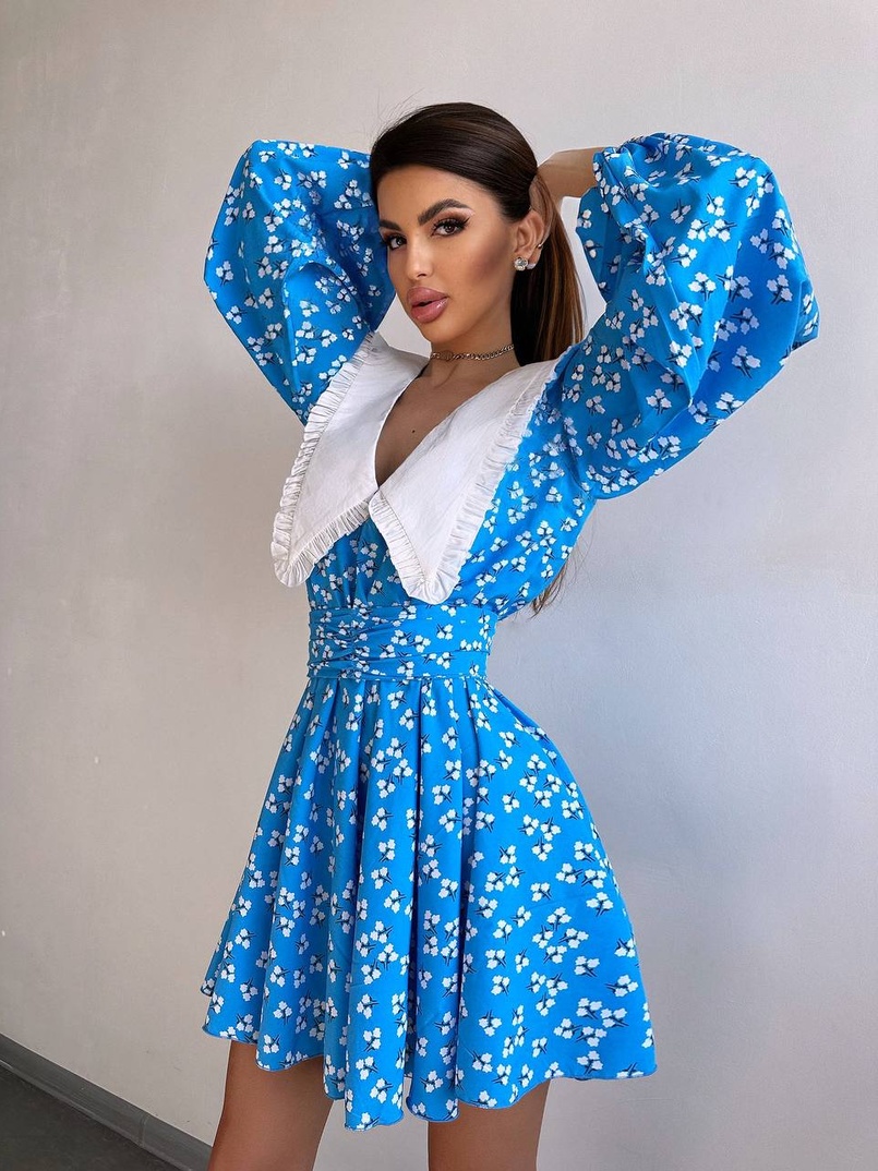 Сукня з коміром та об'ємними рукавами з широким поясом | PUSHKA SHOP