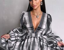 Сукня з подвійною спідницею та обʼємними рукавами у клітинку  Сукня з подвійною спідницею та обʼємними рукавами у клітинку  | PUSHKA SHOP