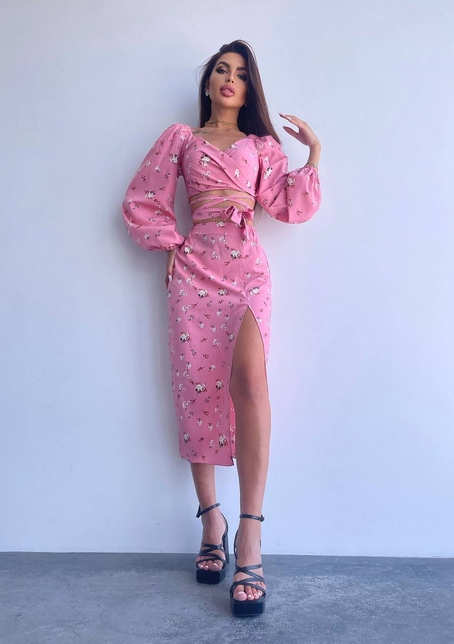 Квітковий комплект: топ із зав'язками на талії + спідниця міді з розрізом | PUSHKA SHOP