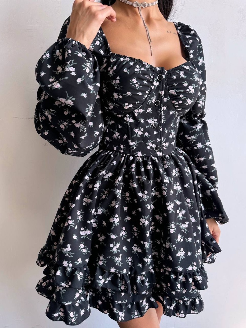 Сукня з квітковим принтом з воланами на ґудзиках  | PUSHKA SHOP
