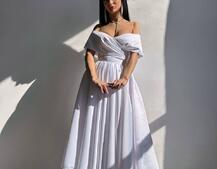 Романтична сукня міді з відкритими плечима та пишною спідницею | PUSHKA SHOP