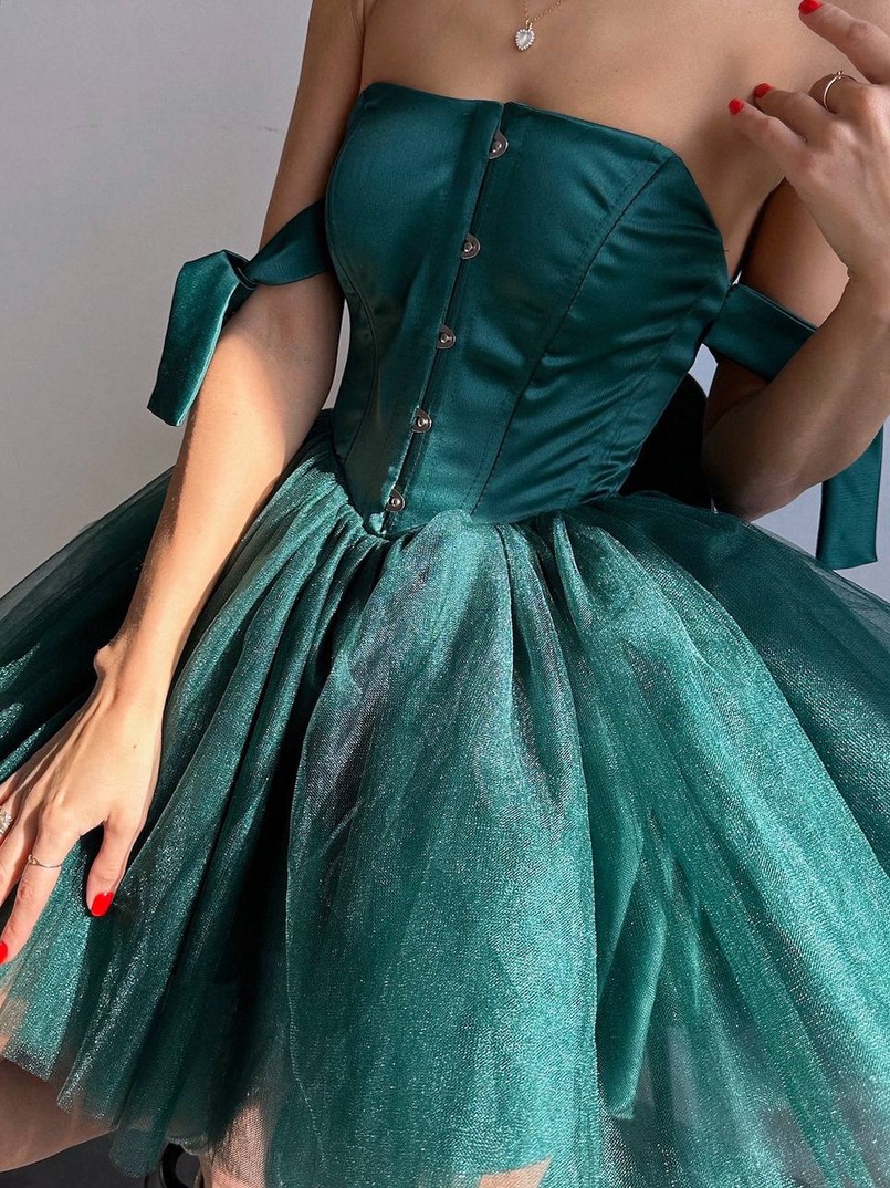 Атласна корсетна сукня міні з гачками та пишною фатиновою спідницею  | PUSHKA SHOP