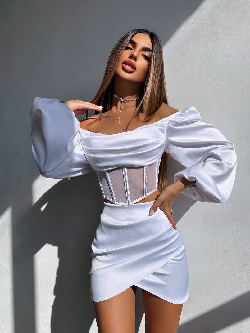 Комплект: корсет, декорований стразами   + спідниця міні з драпіруванням  Комплект: корсет, декорований стразами   + спідниця міні з драпіруванням  | PUSHKA SHOP