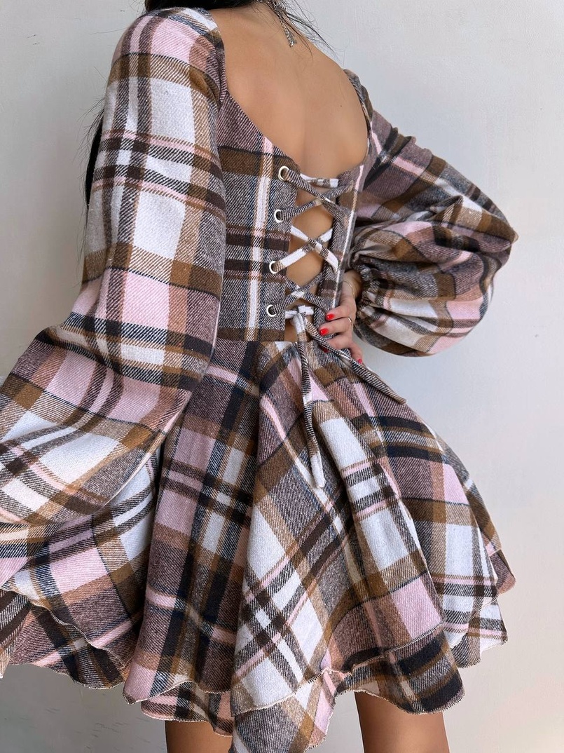 Корсетна сукня з подвійною спідницею та обʼємними рукавами у клітинку  Корсетна сукня з подвійною спідницею та обʼємними рукавами у клітинку  | PUSHKA SHOP