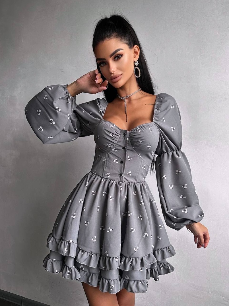 Сукня з квітковим принтом з воланами на ґудзиках  | PUSHKA SHOP