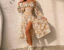 Сукня міді з розрізом в квітковий принт + прозорий корсет  | PUSHKA SHOP