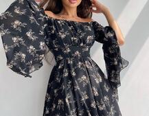 Шифонова сукня на підкладці з розкльошеними рукавами з асиметричною спідницею + корсет декорований стразами  Шифонова сукня на підкладці з розкльошеними рукавами з асиметричною спідницею + корсет декорований стразами  | PUSHKA SHOP