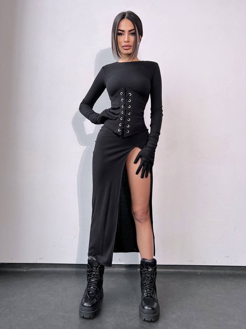 Комплект: трикотажне плаття- міді + корсет + рукавички Комплект: трикотажне плаття- міді + корсет + рукавички | PUSHKA SHOP