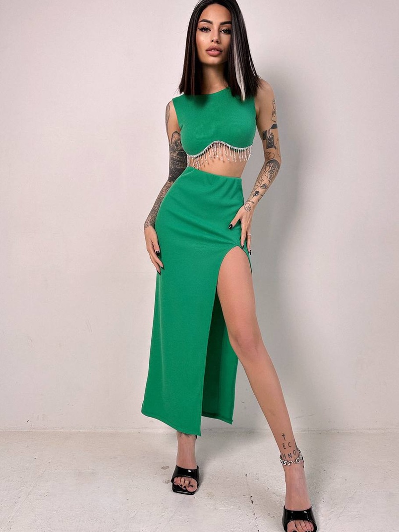 Комплект: топ з бахромою зі страз та спідниця з розрізом  | PUSHKA SHOP