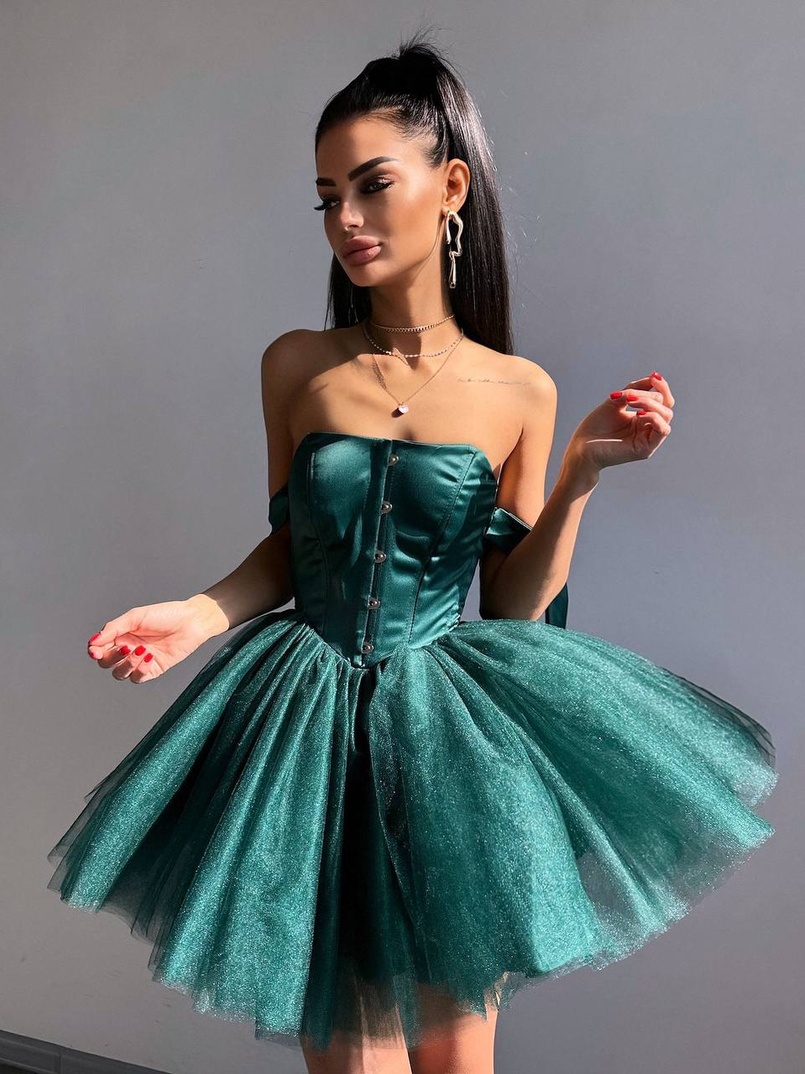 Атласна корсетна сукня міні з гачками та пишною фатиновою спідницею  | PUSHKA SHOP