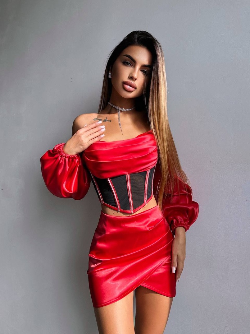 Комплект: корсет, декорований стразами   + спідниця міні з драпіруванням  Комплект: корсет, декорований стразами   + спідниця міні з драпіруванням  | PUSHKA SHOP