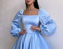 Атласна корсетна сукня з пишною подвійною спідницею та об‘ємними рукавами | PUSHKA SHOP